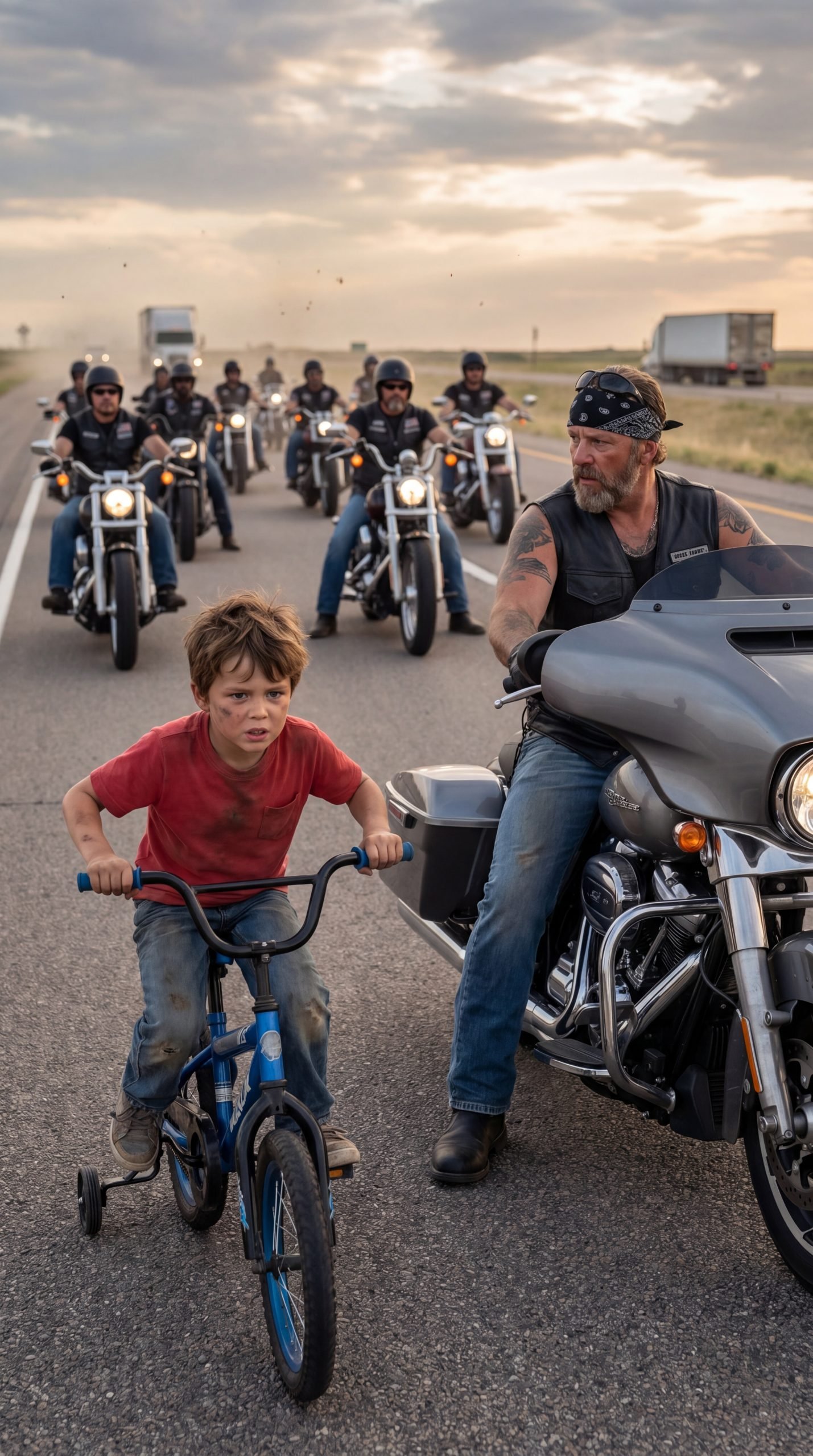 A Small Boy Refused to Turn Back as He Chased a Biker Convoy Across Miles of Open Highway Alone — Unaware That the Name He Whispered Would Freeze Every Engine and Lead Them Back to the Rider They Thought Was Gone Forever